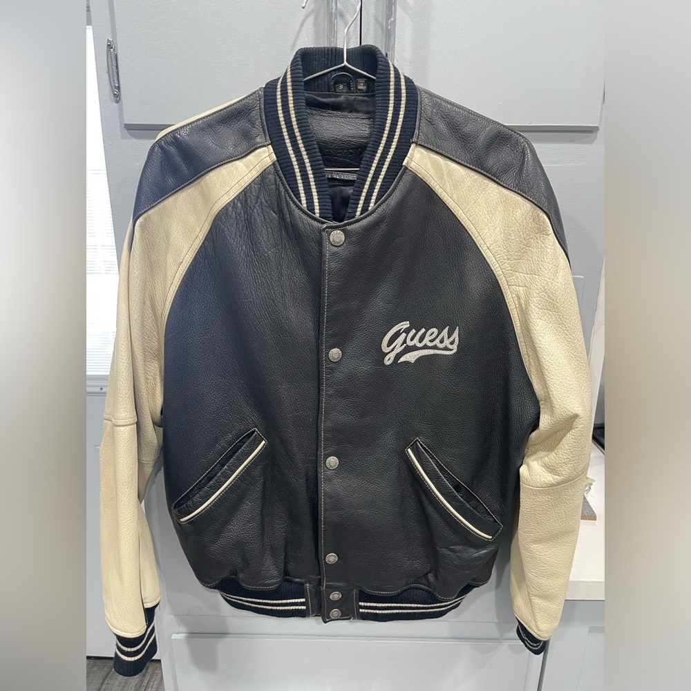 Vintage Guess Leather Jacket Men's 90's Button Down Bomber Spell Out Size Small
